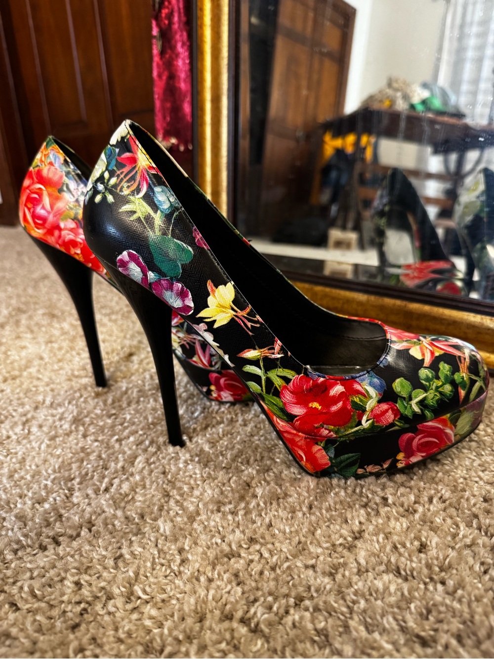 Floral Platform High Heel Pumps - Black with Red & Multicolor Floral Print